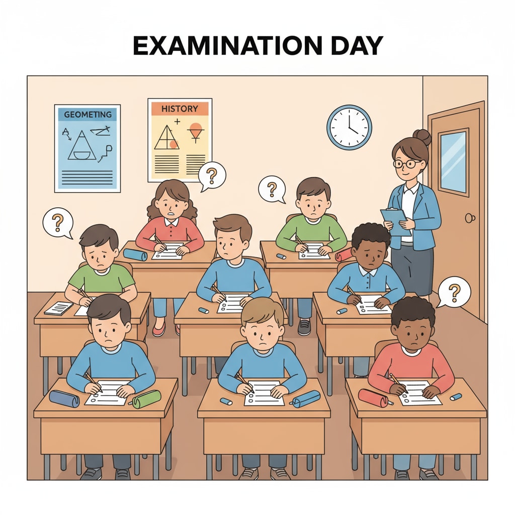 A group of students are sitting at desks, taking a written test in a classroom setting. Some are concentrating on their papers, while others seem to be looking around. Students taking a test, related to datasets, test scores, and outliers