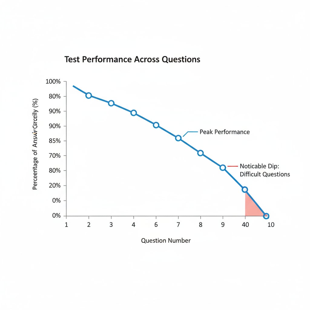 A line graph with the x-axis representing the question number in a test and the y-axis showing the percentage of students answering correctly. There is a noticeable dip towards the end of the graph. Graph of test question responses, relevant to datasets, test scores, and outliers