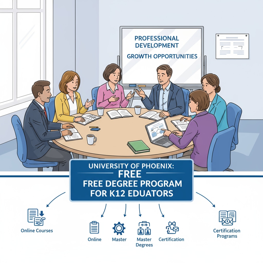 A group of K12 teachers are sitting around a table, having a discussion about different educational opportunities available to them, including the free degree program from University of Phoenix. K12 teachers discussing educational opportunities related to University of Phoenix's free degree for career development