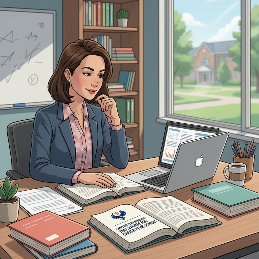 A teacher is sitting at a desk, looking at books and a laptop. The scene represents a teacher engaging in learning activities, which could be part of the University of Phoenix's free degree program for career development. A teacher engaged in learning activities related to University of Phoenix's free degree for career development