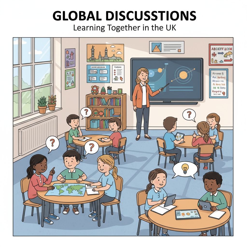 A group of students in a UK classroom, showing diversity and engagement. There are students from different ethnic backgrounds, actively participating in discussions. Students in a UK classroom related to dropouts, UK education, and academic remediation