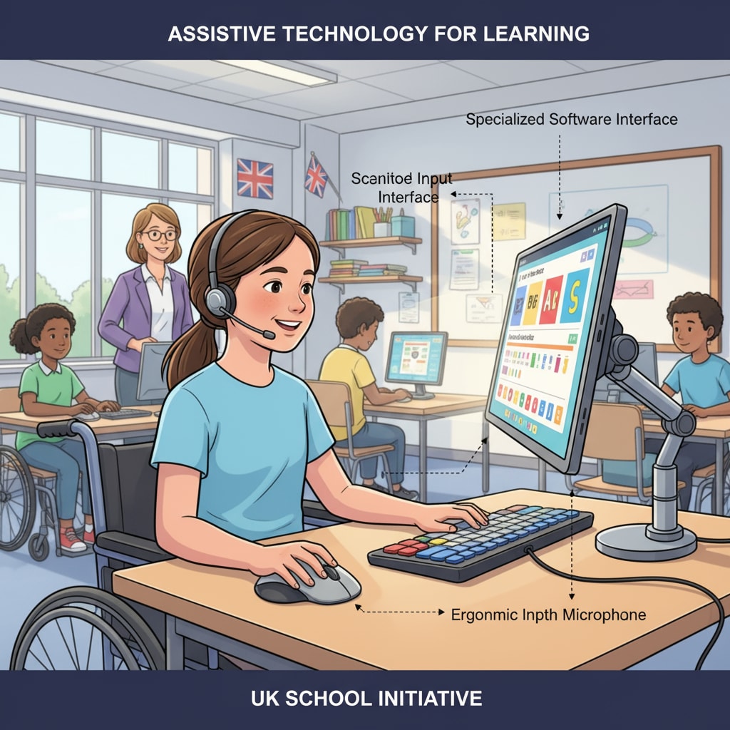A disabled student using assistive technology in a UK school. The student is using a specialized computer software to aid in learning. Disabled student using assistive technology in UK education for academic remediation