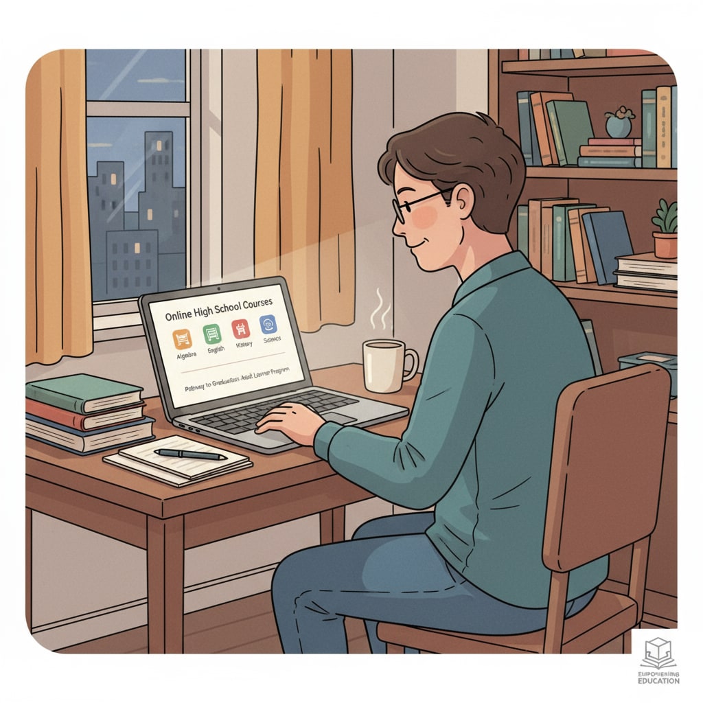 An illustration showing an adult sitting at a desk, studying online courses with a laptop, representing the pursuit of online high school education by low-income adults An adult studying online high school courses on a laptop, depicting low-income adults' pursuit of education
