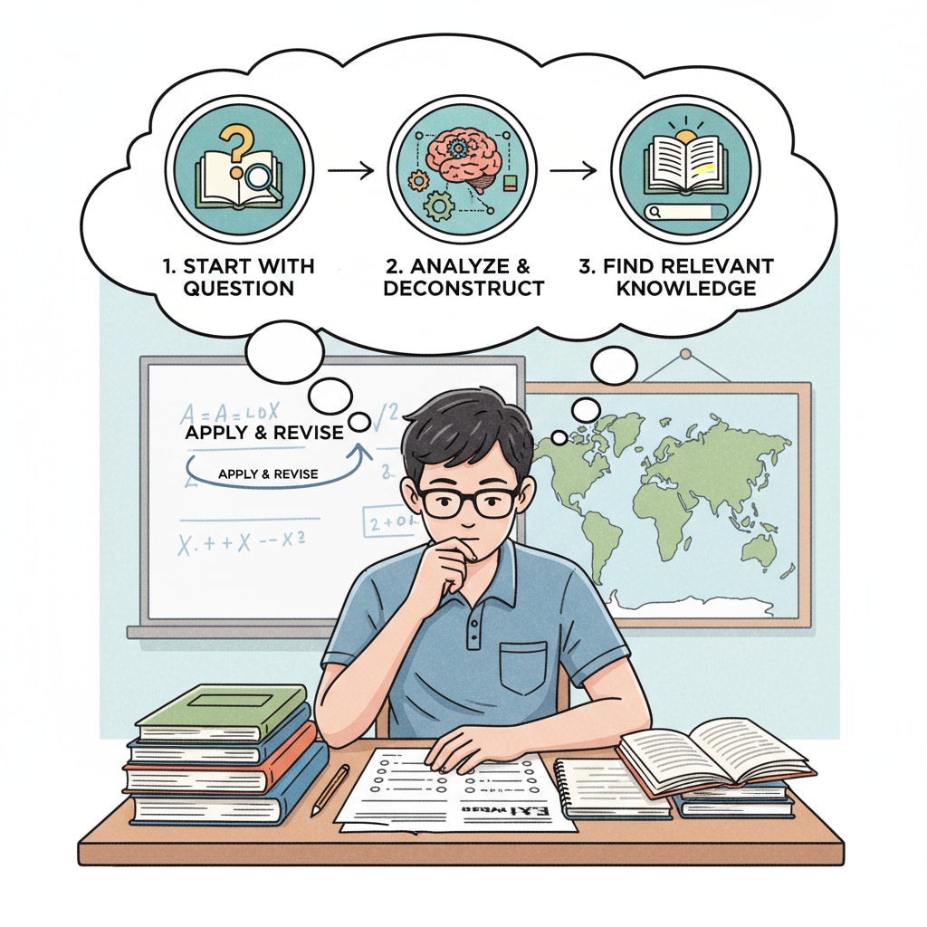A student is sitting at a desk, looking at exam questions and textbooks. There is a thought bubble above the student's head that shows the process of reverse learning, such as starting from the question, analyzing it, and then looking for relevant knowledge in the textbook. A student using the reverse learning approach for theoretical subject learning
