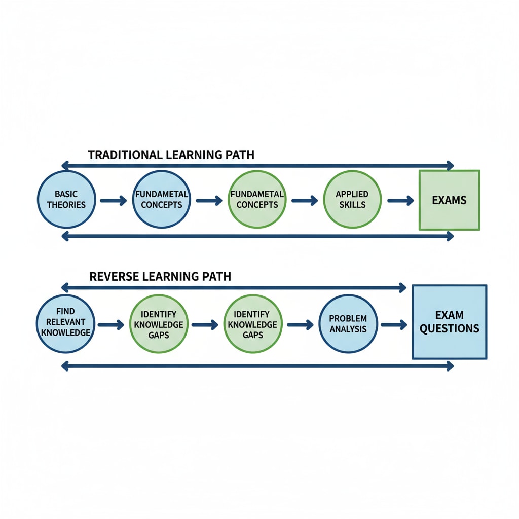A diagram with two parallel lines. One line shows the traditional learning path starting from basic theories and gradually building up to exams. The other line shows the reverse learning path, starting from exam questions and then going back to find relevant knowledge. Arrows are used to indicate the direction of each path. Comparison of traditional and reverse learning paths for theoretical subjects