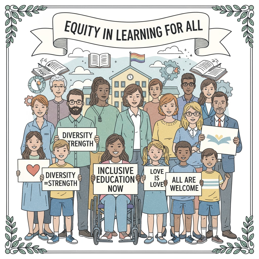 A group of LGBTQ+ individuals are standing together, holding signs that say things like LGBTQ+ individuals advocating for inclusive education in the face of far - right threats to school boards