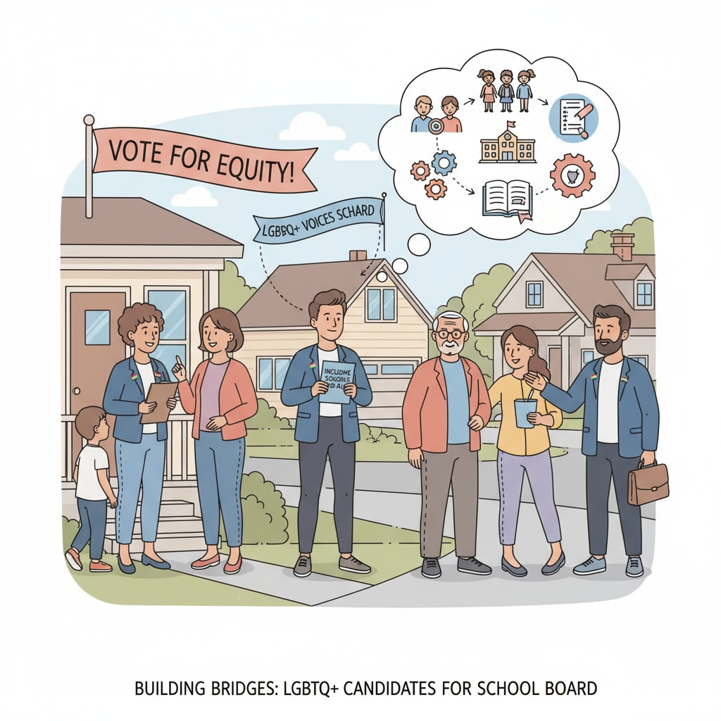 LGBTQ+ candidates are seen going door - to - door, talking to community members about their platforms for school board positions. They are trying to gain support for their campaigns to make schools more inclusive. LGBTQ+ candidates campaigning for school board positions to counter far - right influence