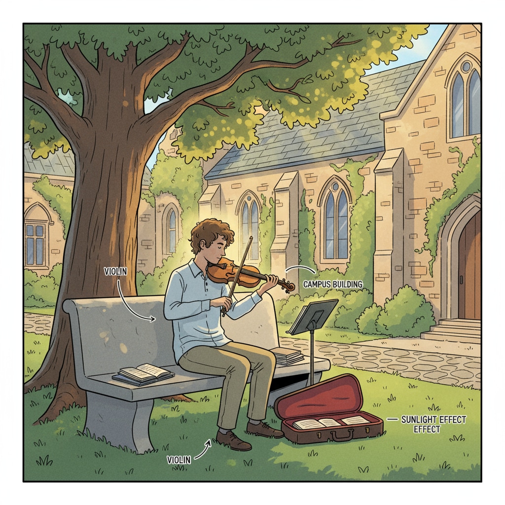 A person is playing a violin in a quiet campus corner, with sunlight shining on them. A person playing a violin on campus which was initially mistaken for crying