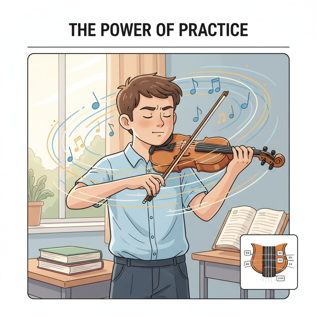 A student is playing the violin with a very focused look, fully immersed in the music. A focused student playing the violin whose sound was once misjudged as crying
