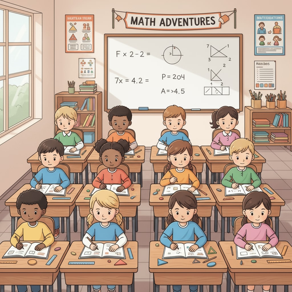 A group of 9-year-old children sitting at desks, looking at math workbooks, showing their engagement in math learning. 9-year-old children engaged in math learning with workbooks