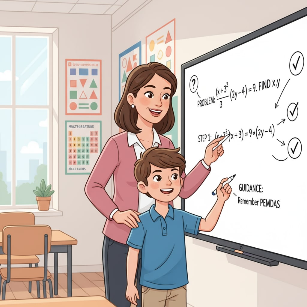 A teacher and a 9-year-old child discussing a math problem on a whiteboard, representing the process of learning and guidance in math. Teacher and 9-year-old child discussing math problem on whiteboard for learning and guidance
