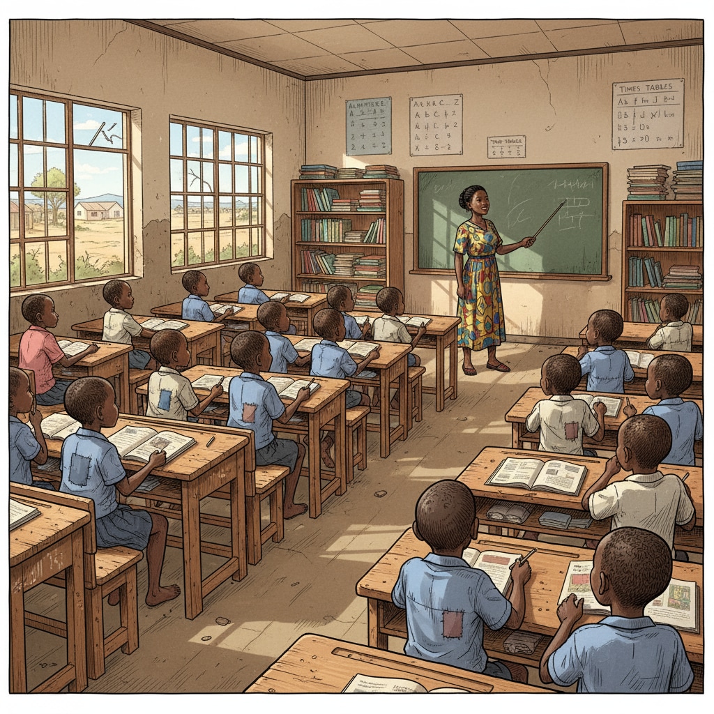 Students in a South African classroom with limited resources highlighting educational inequality and resource allocation issues