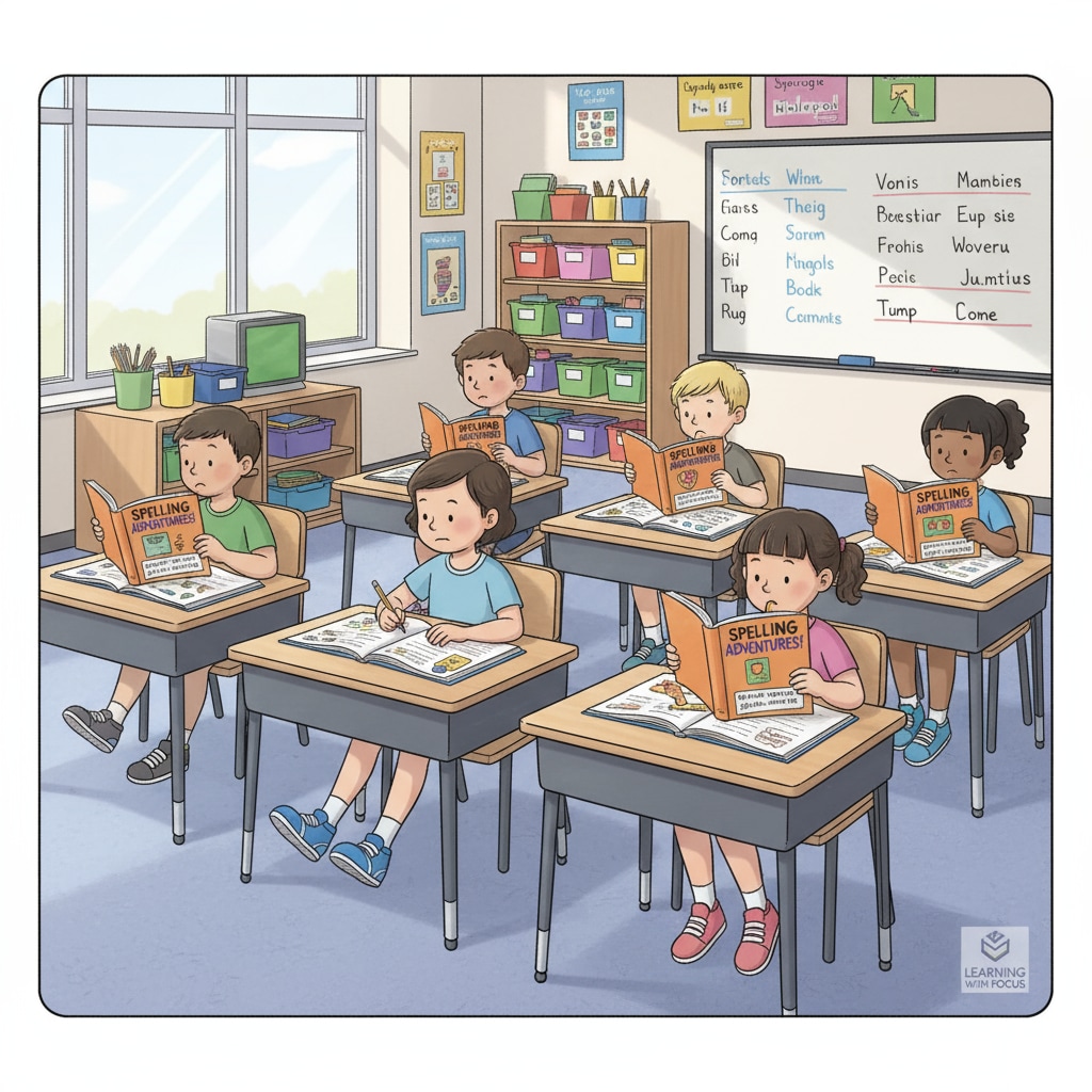 A group of ADHD children sitting at desks, looking at spelling books. ADHD children engaged in spelling learning