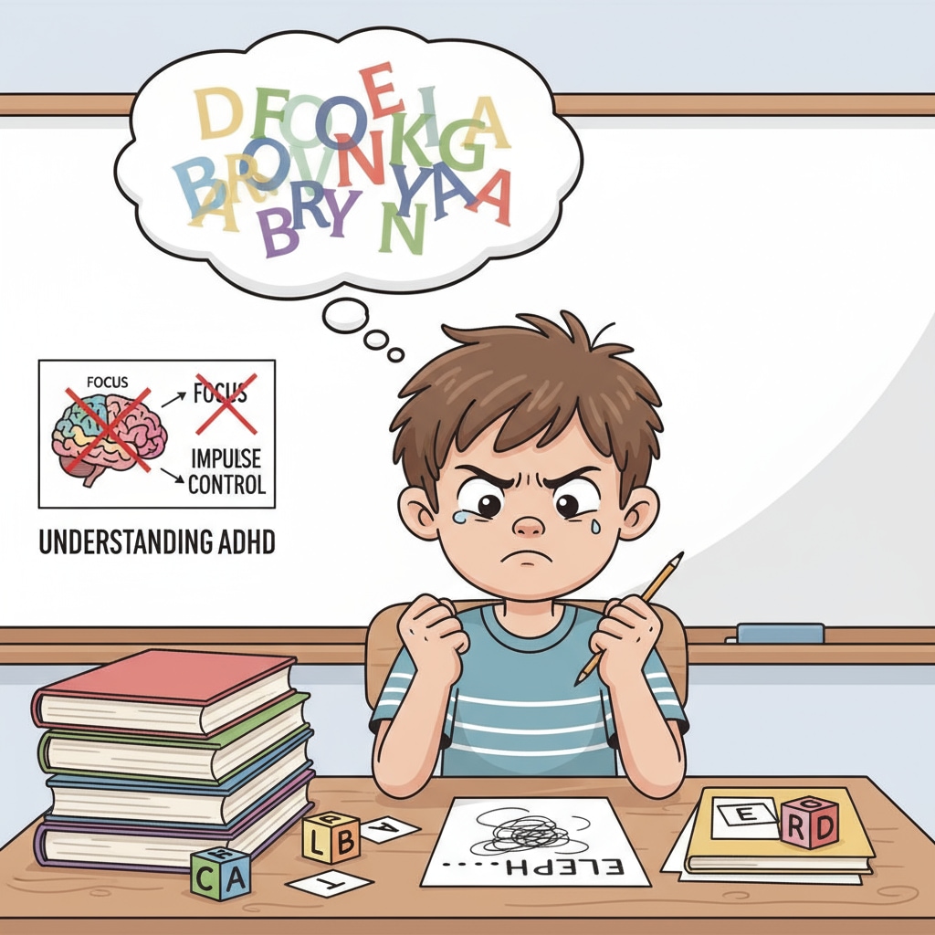 A child with ADHD showing frustration while trying to spell a word. Frustrated ADHD child during spelling learning