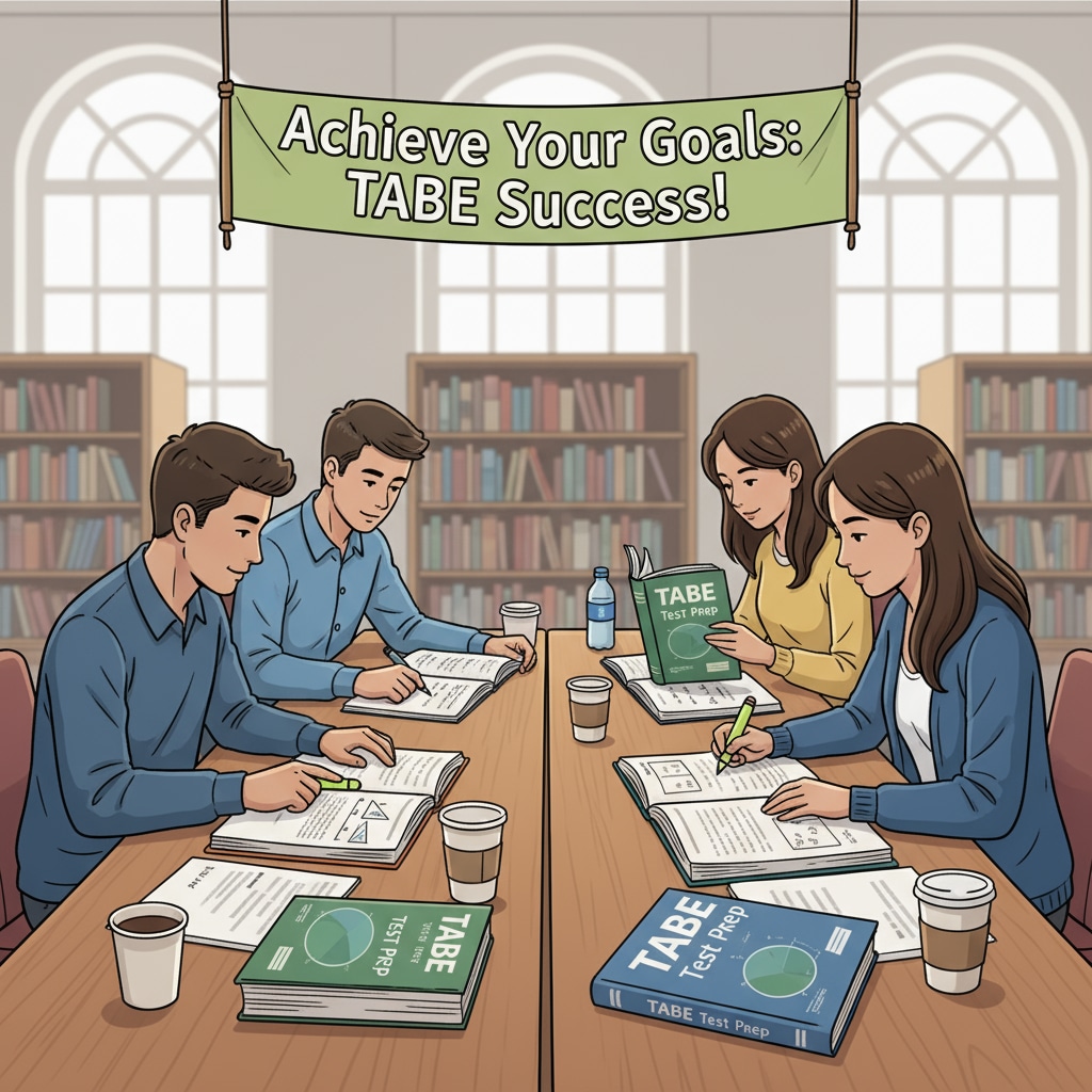 A group of young people are sitting at tables in a library, books and notebooks open, focused on studying materials related to TABE tests. Young people studying for TABE tests in a library