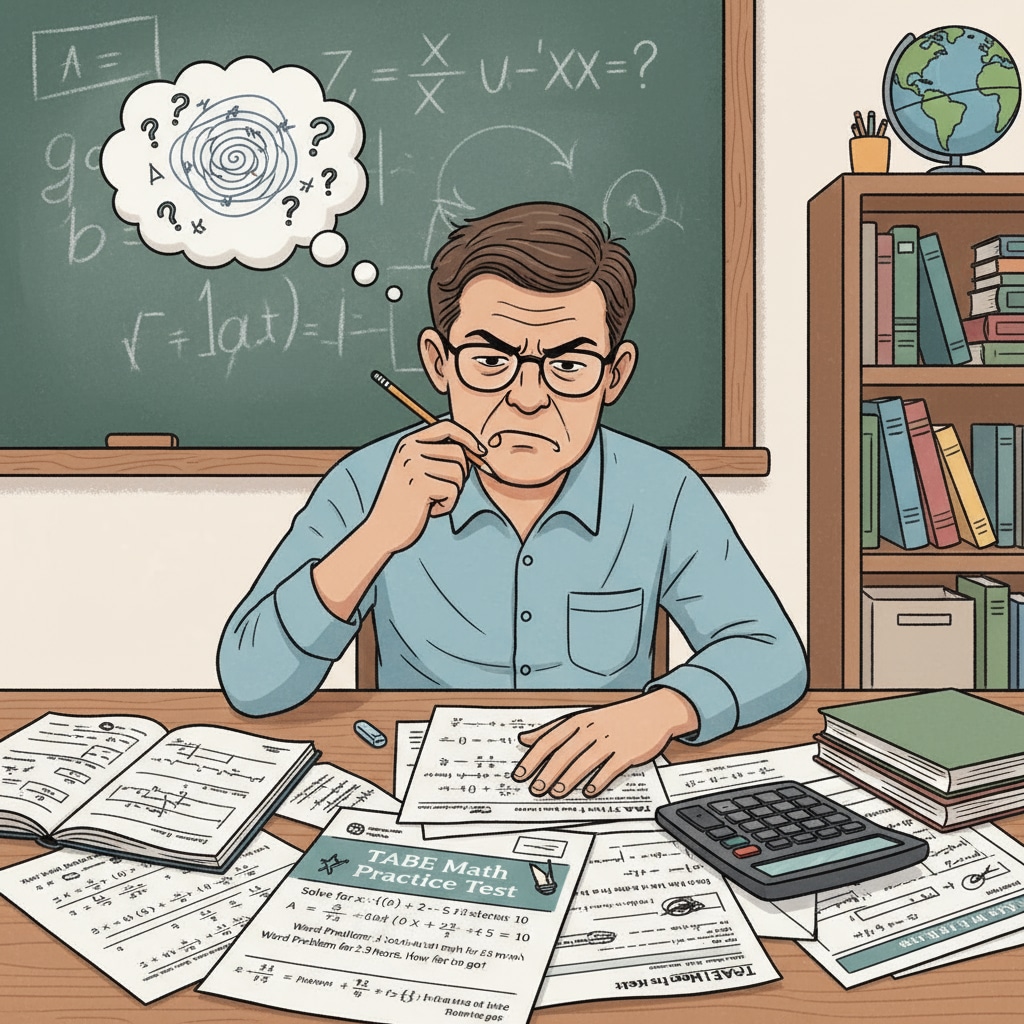 A person is sitting at a desk, looking frustrated as they try to solve a set of math problems similar to those in the TABE test. Person looking frustrated while trying to solve TABE math problems