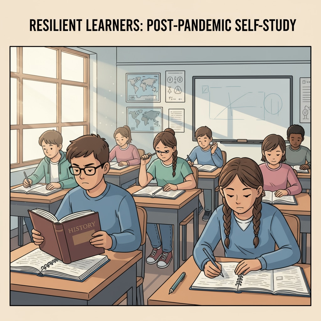 A group of teenagers are sitting at individual desks, reading books and taking notes, indicating self-study after an educational interruption. Teenagers engaged in self-study for academic catch-up after educational interruption