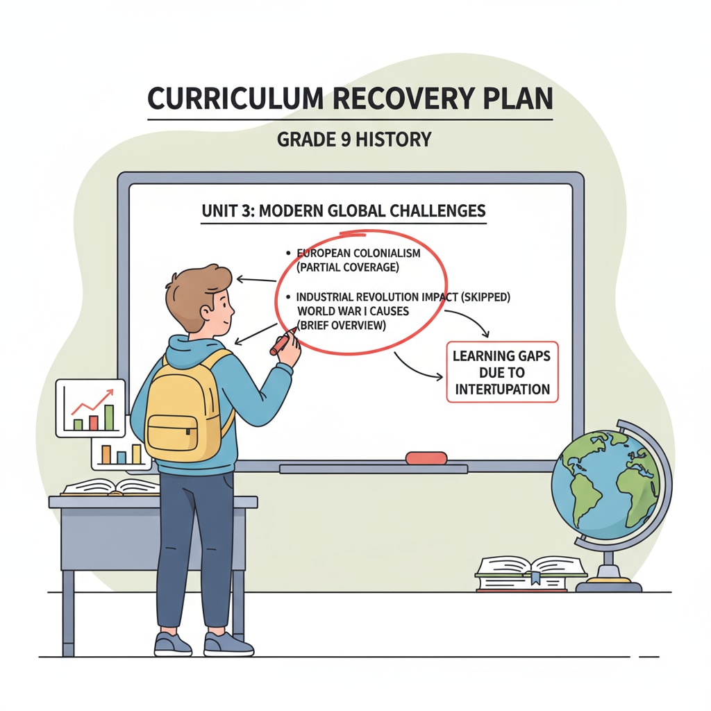 A student is standing in front of a large curriculum outline on a whiteboard, highlighting sections related to the learning gaps caused by educational interruption. Student identifying learning gaps for academic catch-up after educational interruption