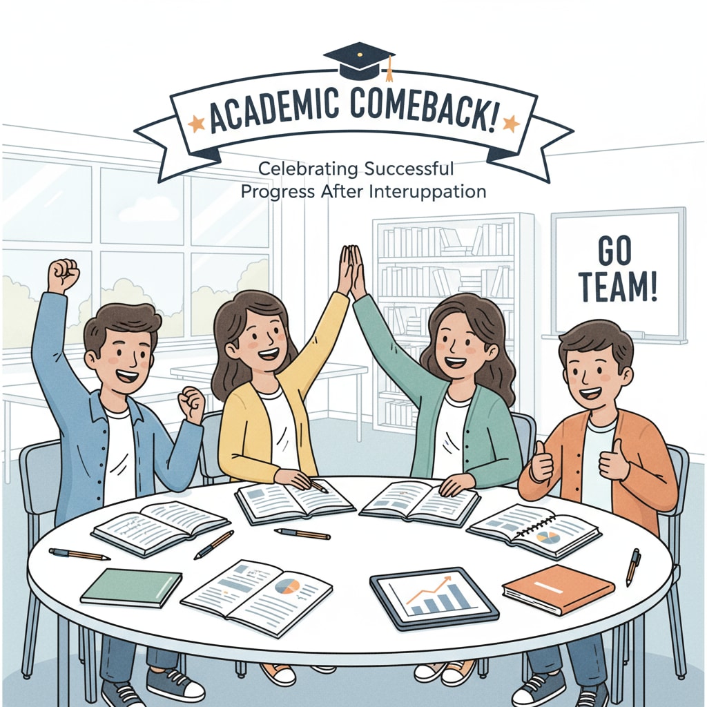 A group of students are gathered around a table, smiling and high-fiving each other, celebrating their successful academic progress after an educational interruption. Students celebrating academic catch-up after educational interruption