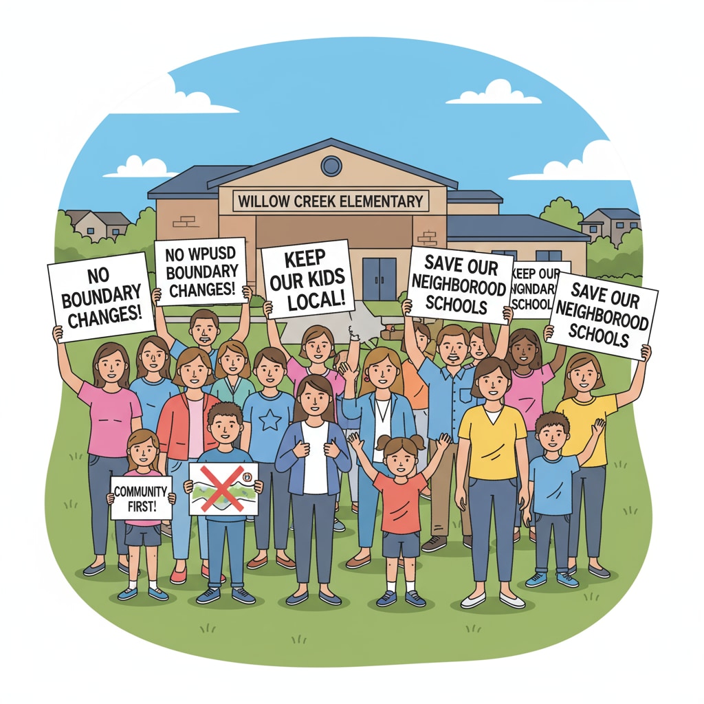 Parents and students are holding signs during a rally to oppose the WPUSD boundary reallocation plan. The signs carry messages expressing their concerns. Parents and students protesting against WPUSD boundary reallocation during a petition rally