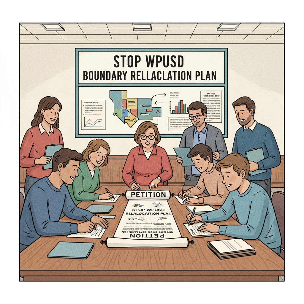 A group of community members are gathered around a table, signing a petition against the WPUSD boundary reallocation plan. Community members signing the petition against WPUSD boundary reallocation