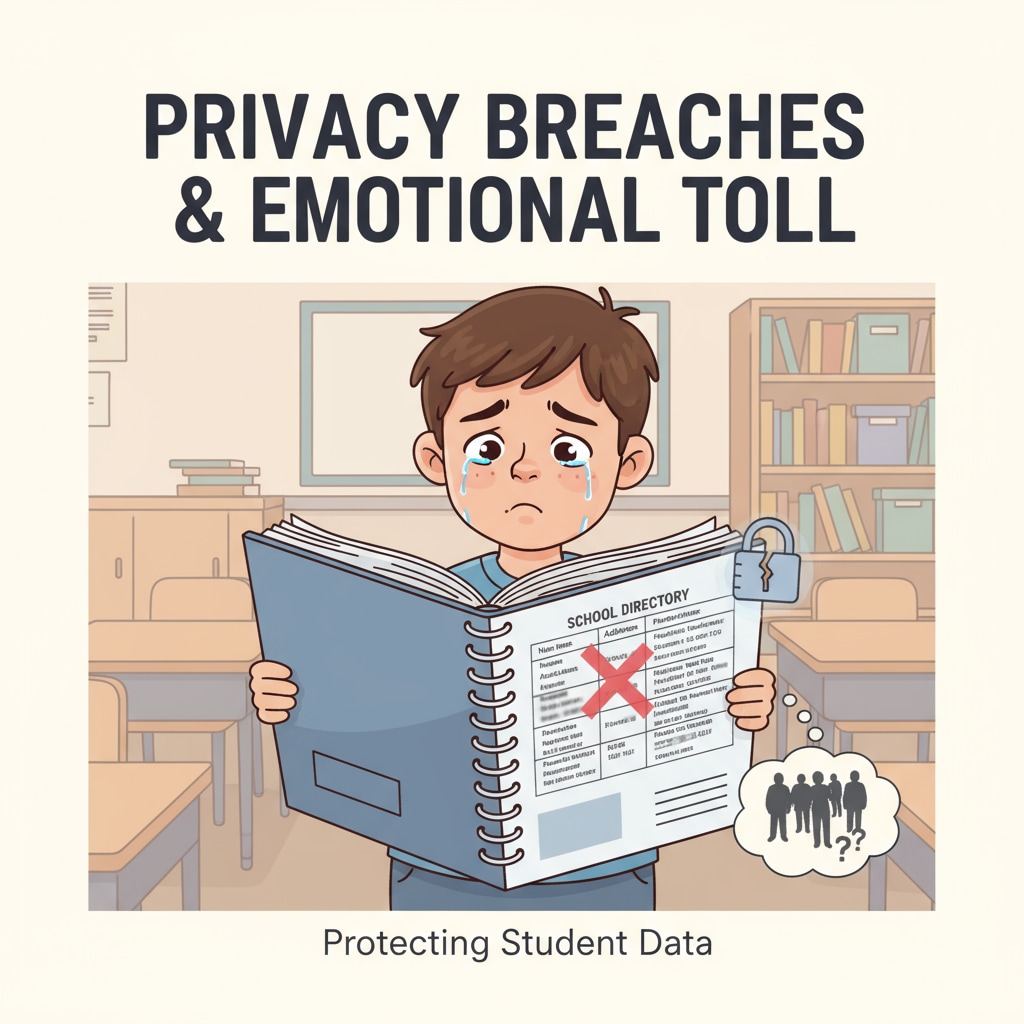 A child is seen looking sad while holding a school directory, showing the potential emotional impact of privacy breaches. A sad child with a school directory highlighting privacy issues for single-parent families