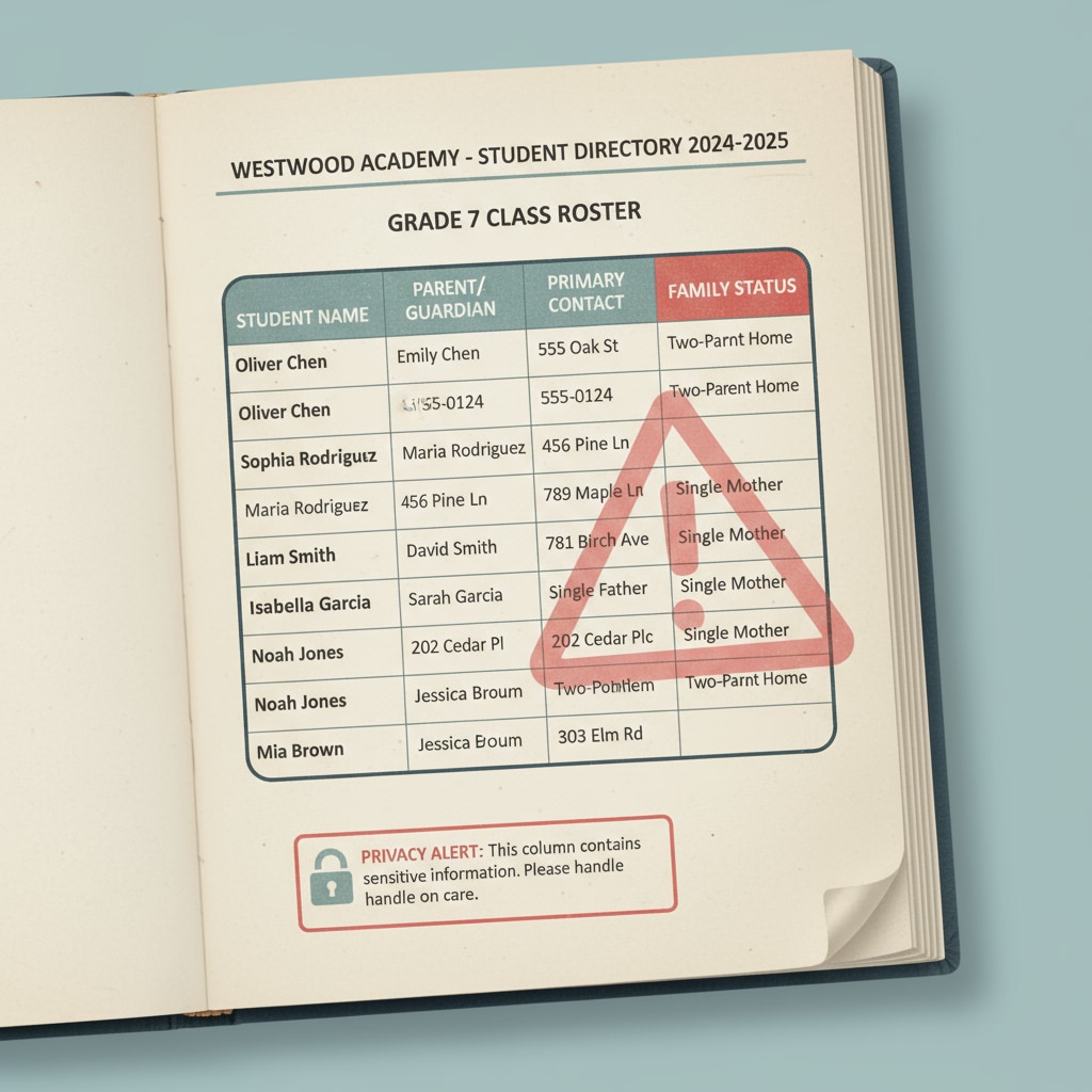 A page from a school directory is visible with sensitive information that could lead to privacy breaches for single-parent families. A school directory page with sensitive information exposing potential privacy leak for single-parent families