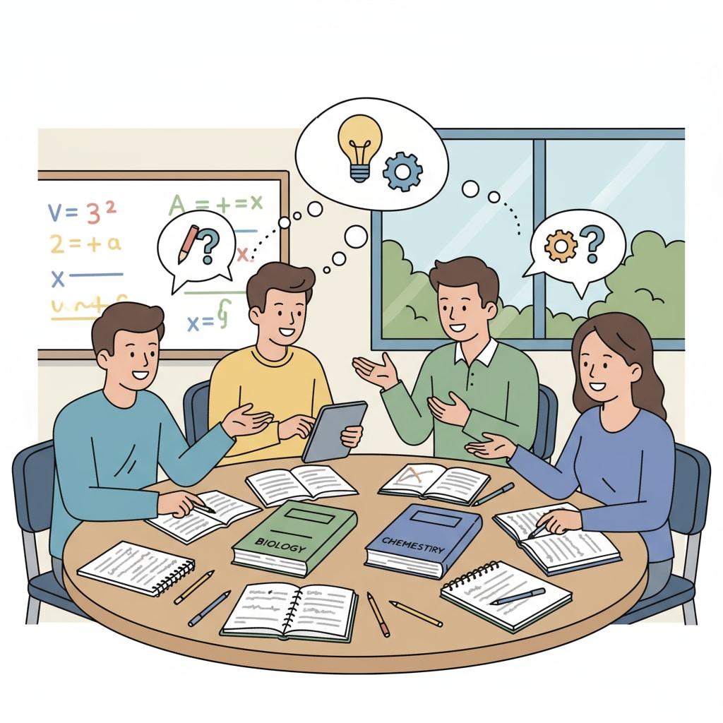 A group of students are sitting around a table, studying together. They have open books and notebooks in front of them, discussing and sharing ideas. High school students studying together for Baccalauréat preparation