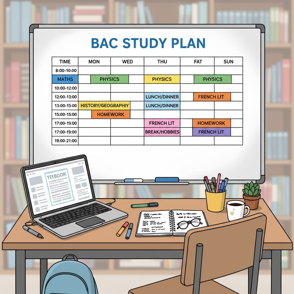 A student is standing in front of a whiteboard with a study plan written on it. The plan includes different time slots for various tasks like studying for Baccalauréat, doing homework, and taking breaks. Student looking at a study plan for Baccalauréat preparation