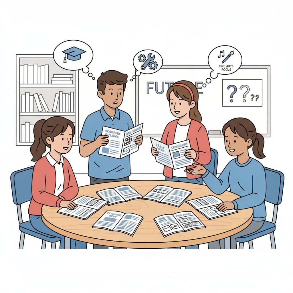 A group of students are sitting around a table, looking at different high school diploma options brochures, discussing which path to take. Students discussing high school diploma acquisition options including GED, traditional and alternative ways.