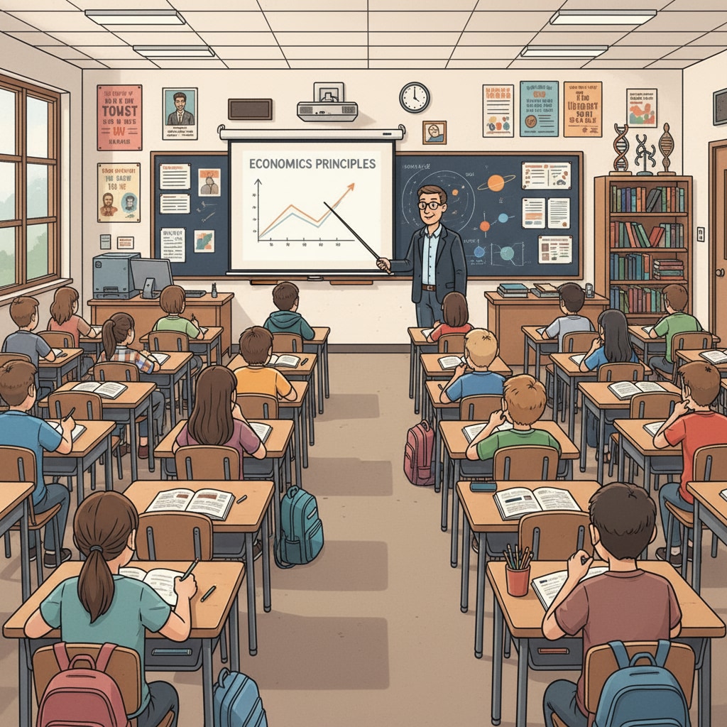 Students are sitting at their desks in a large public high school classroom, listening to the teacher and taking notes. A typical scene in a public high school classroom related to high school education and diploma acquisition.