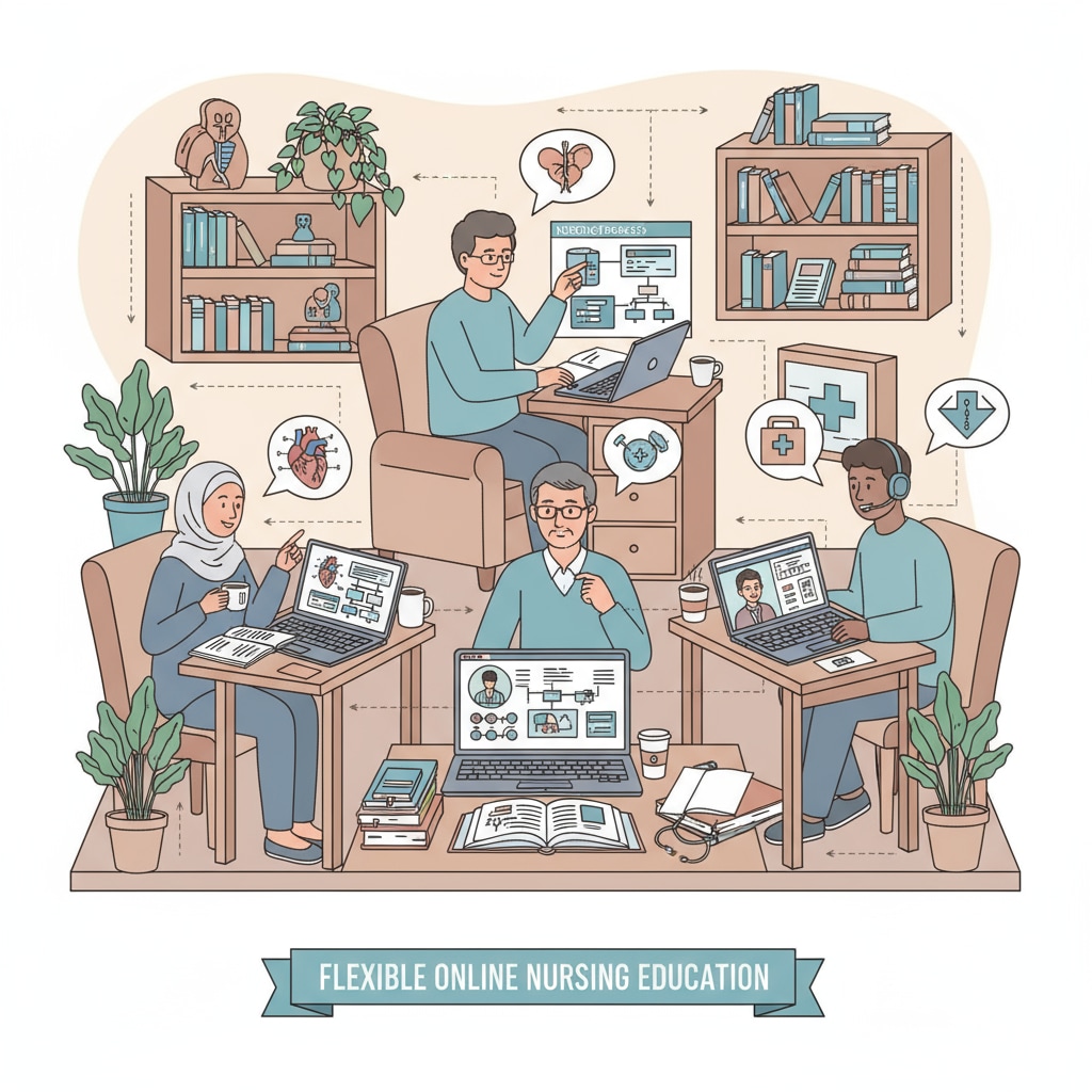 Students are shown attentively studying nursing courses on their laptops in a home study environment, highlighting the flexibility of online learning. Online students studying nursing courses