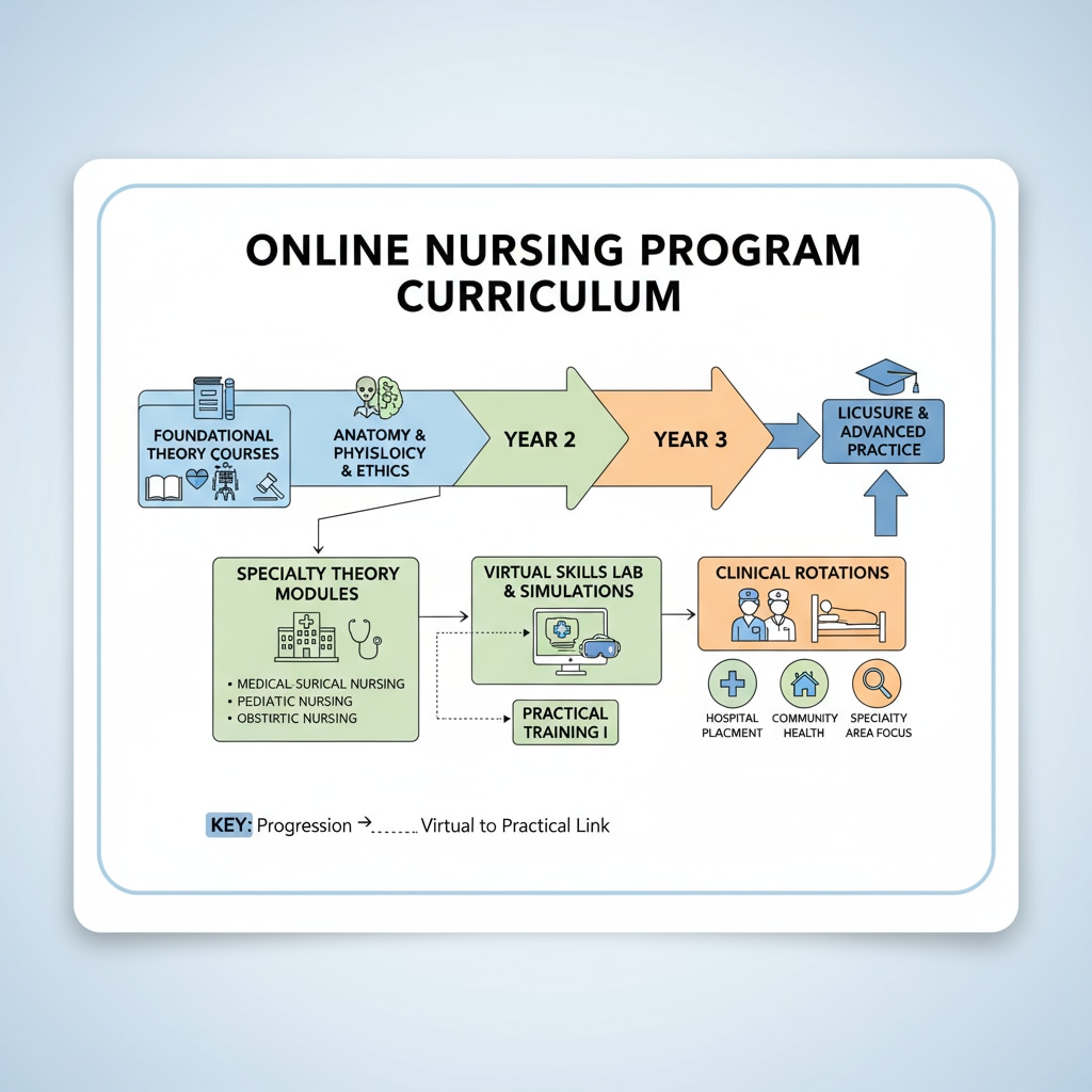A colorful graphic that clearly shows the different components of the curriculum structure of an online nursing program, such as theory courses, practical training, and clinical rotations. Curriculum structure of an online nursing program