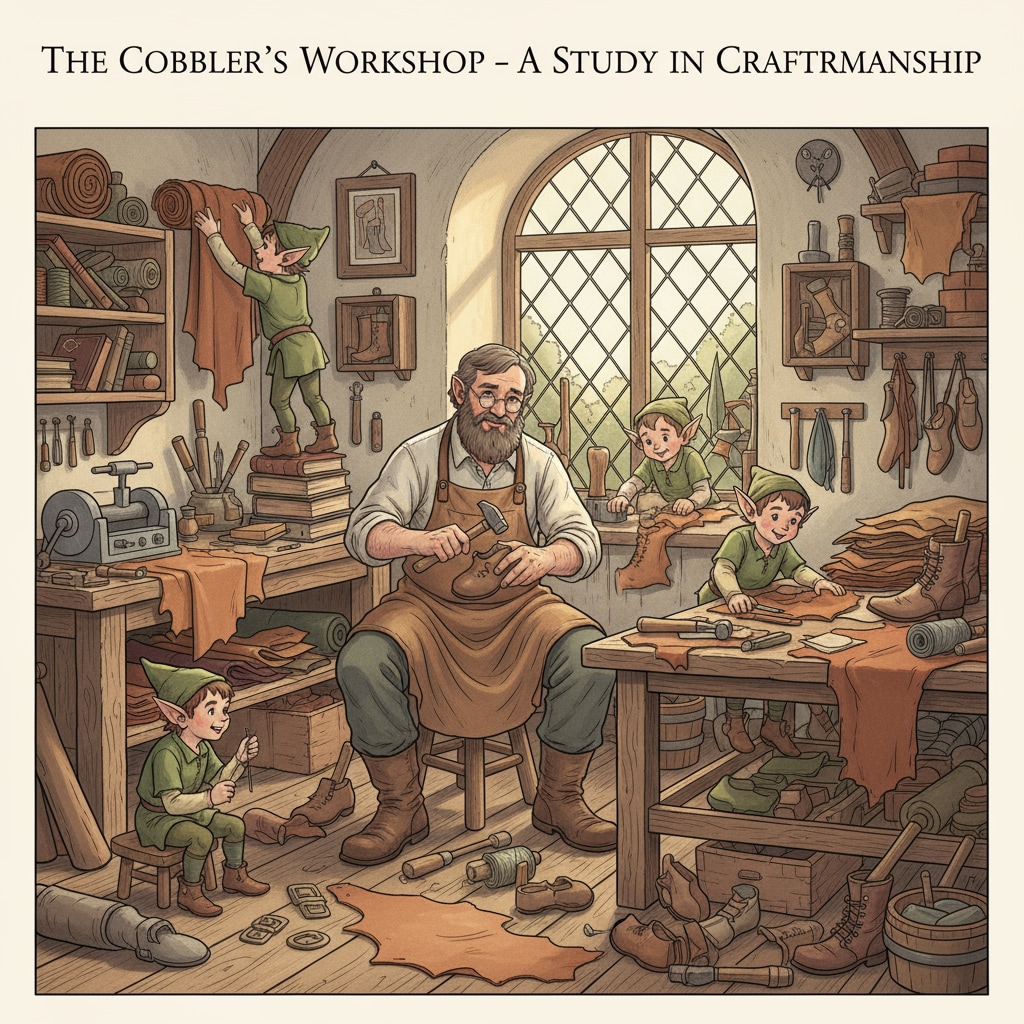 A detailed illustration depicting the elves working alongside the shoemaker in his workshop, with leather materials and half - made shoes scattered around. An image showing the cooperation between elves and shoemaker in leather - making work in the story of The Elves and the Shoemaker