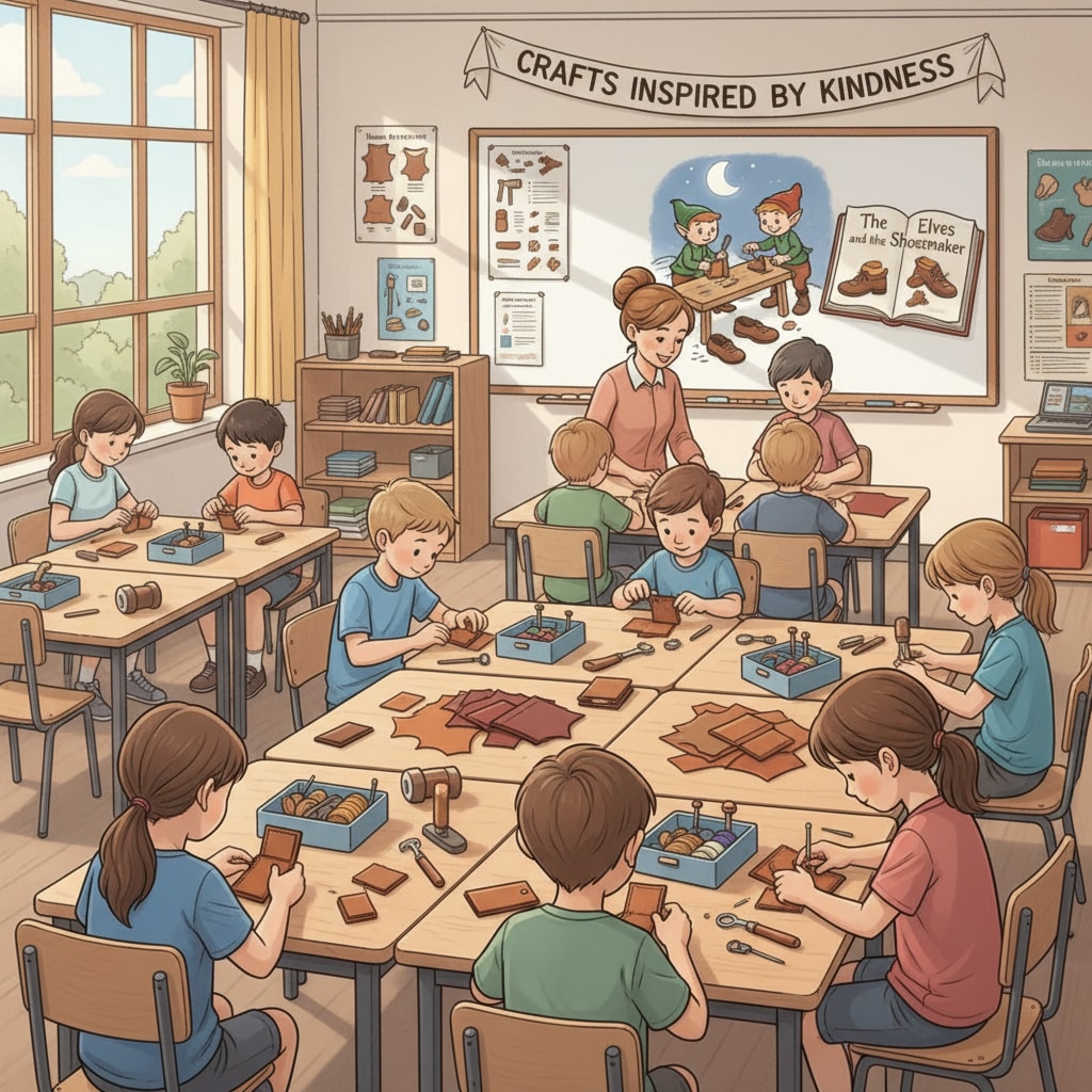 A photo of students in a classroom, concentrating on creating leather items such as small wallets or keychains, with inspiration from the story of The Elves and the Shoemaker. Students engaged in leather education inspired by the story of elves and shoemakers
