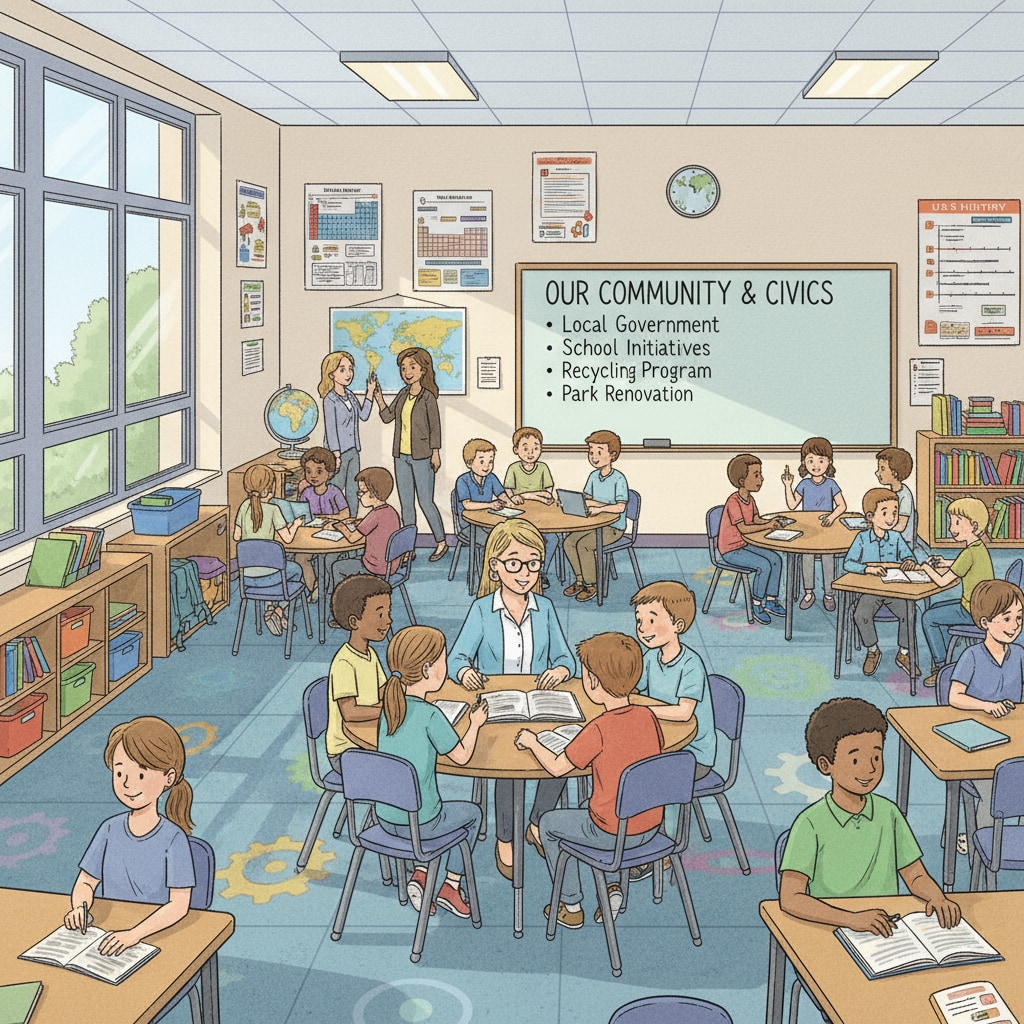 A classroom scene in a US public school where students and teachers are engaged in discussions on various topics. Classroom scene in US public school related to ideological disputes and education issues