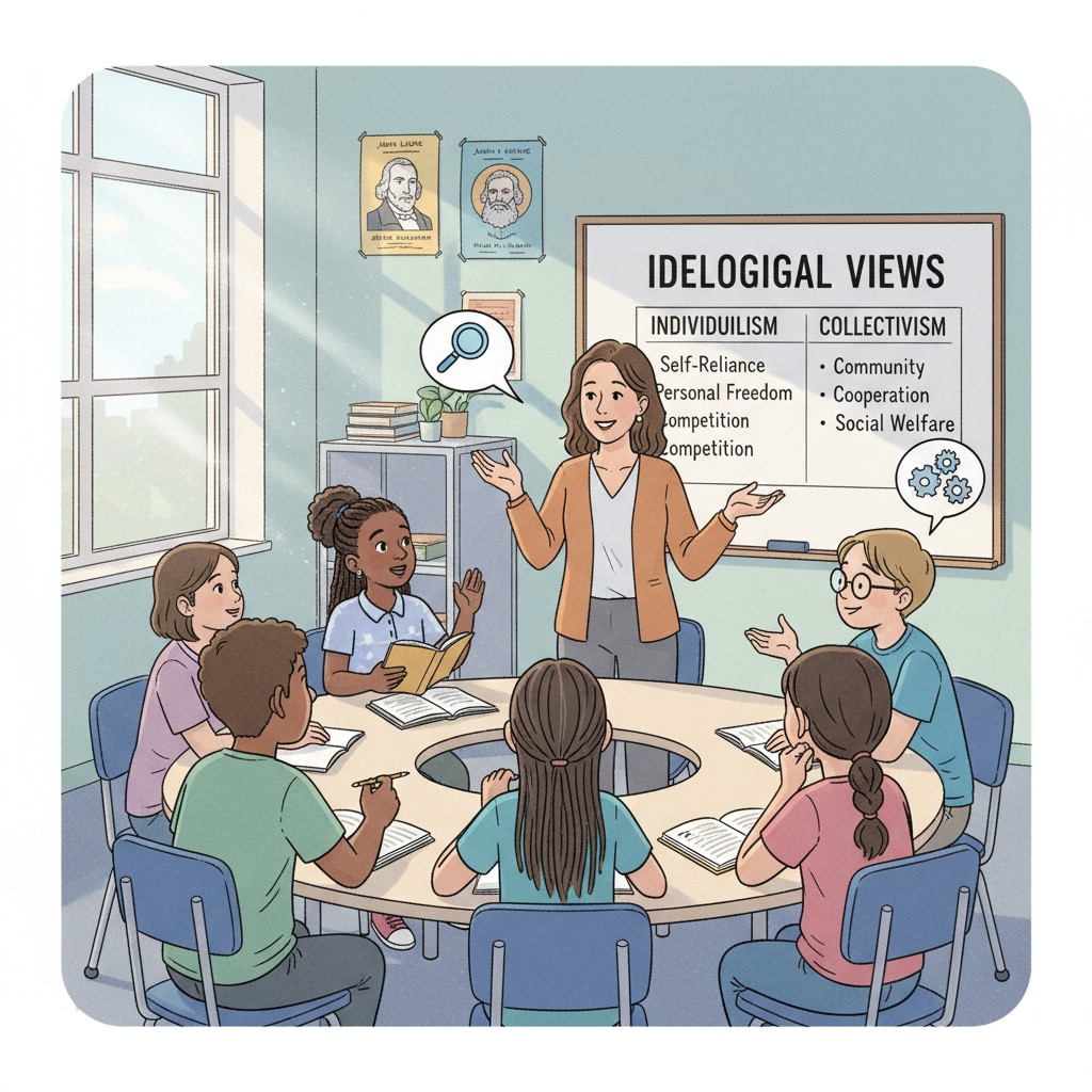 Students in a US public school are having a discussion about different ideological views during a class. Students discussing ideological views in US public school class related to education issues