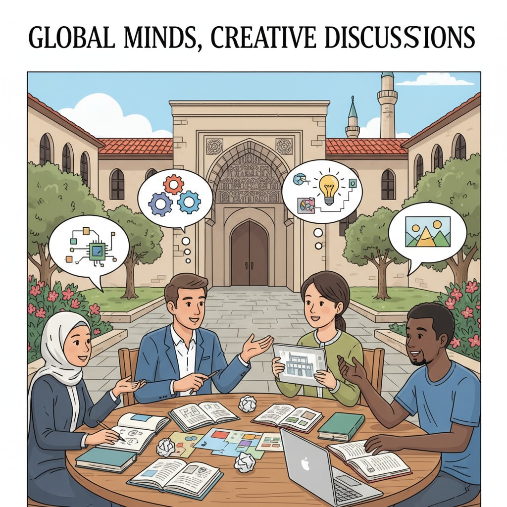 A group of international students in a Turkish university campus, engaged in creative discussions Indian art workers considering Turkish study, English-taught programs, and international student applications in a campus setting