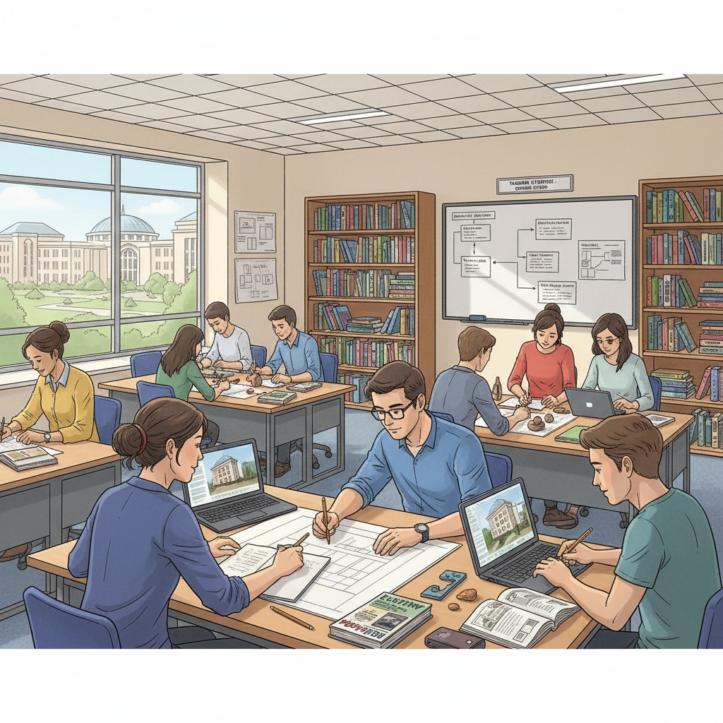 A classroom scene in a Turkish university where students are working on design projects, with English books and materials visible Classroom scene related to English-taught design programs in a Turkish university for international students