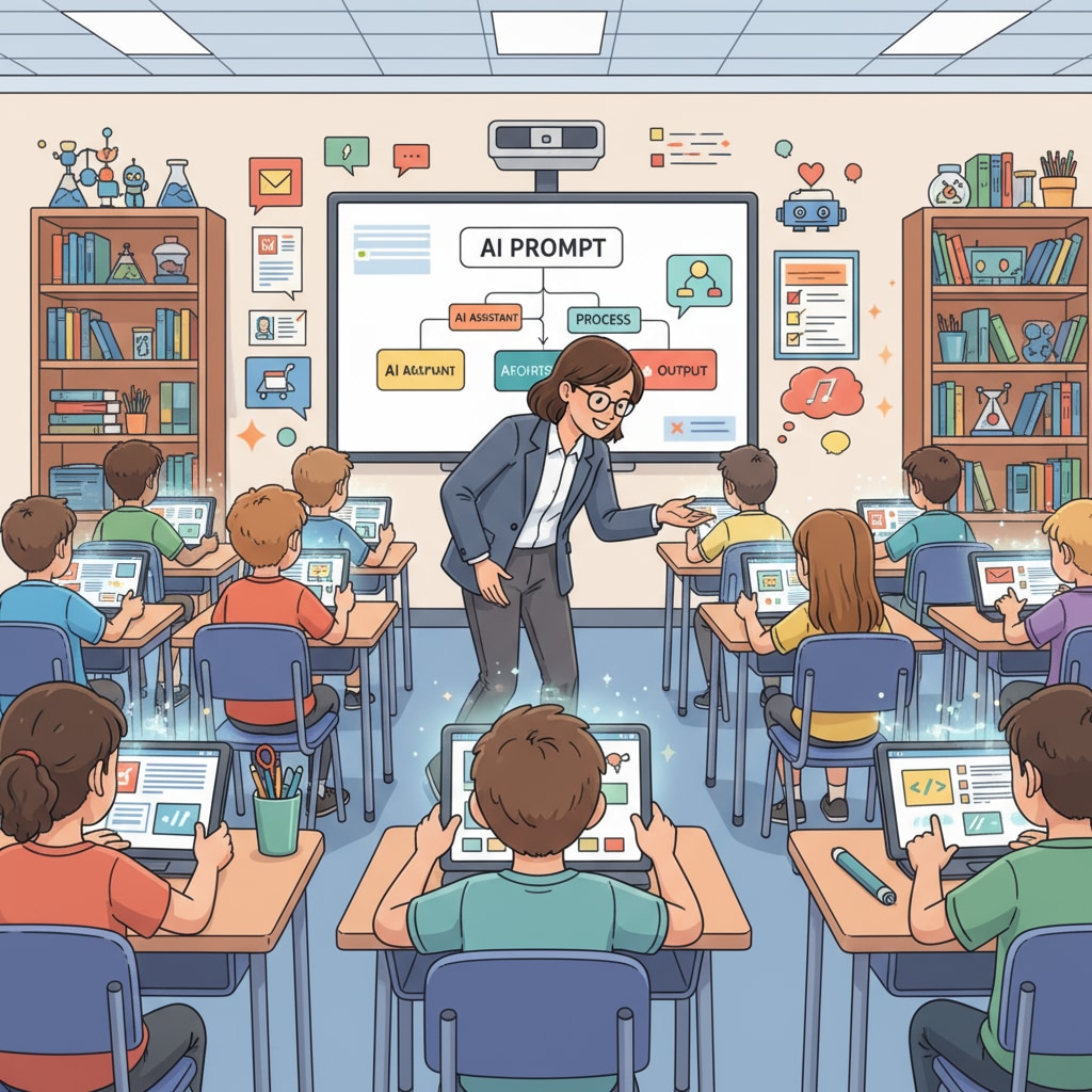 A classroom scene where students are learning about AI and writing prompts on their tablets. The teacher is walking around, observing and guiding the students. Students learning AI courses and practicing prompt writing in a classroom