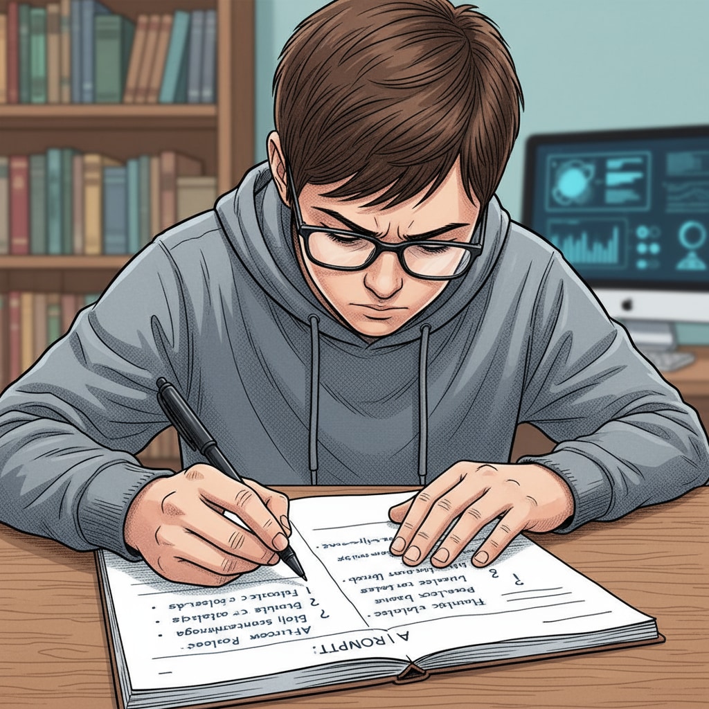 A student concentrating on writing an AI prompt on a piece of paper. The student has a pen in hand and is deeply engaged in the task. A student focused on writing an AI prompt