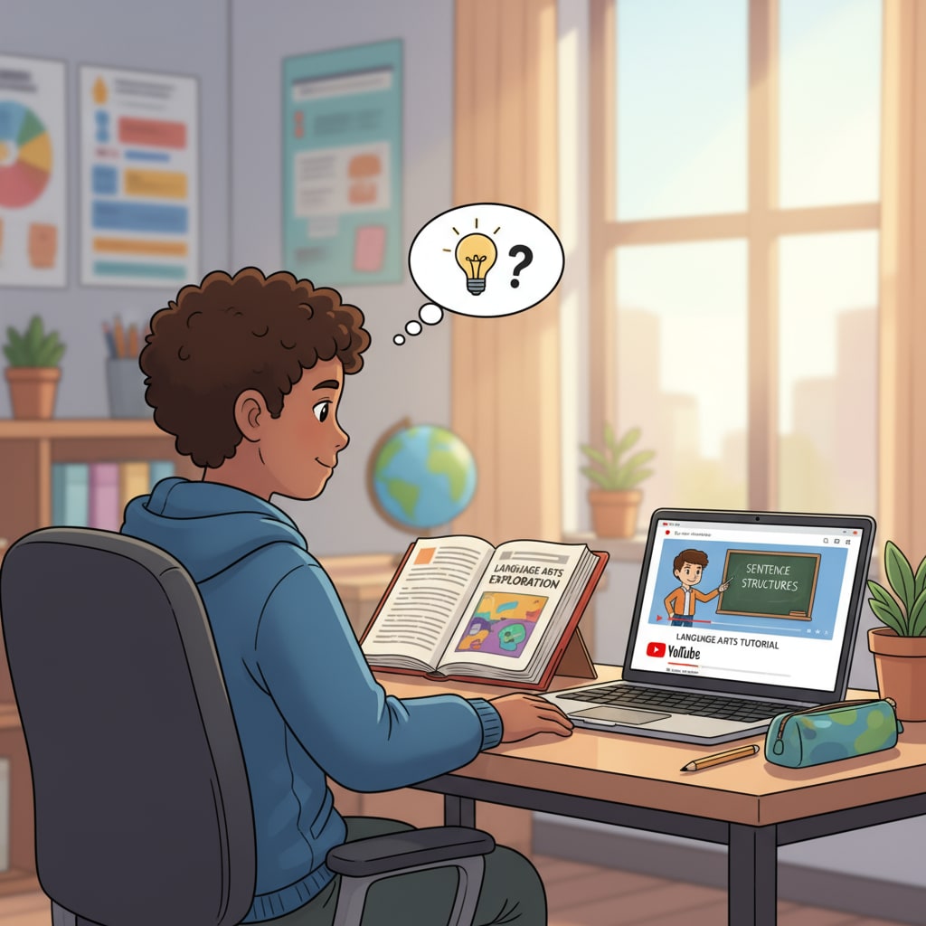 Student learning language arts with the help of YouTube content recommendations