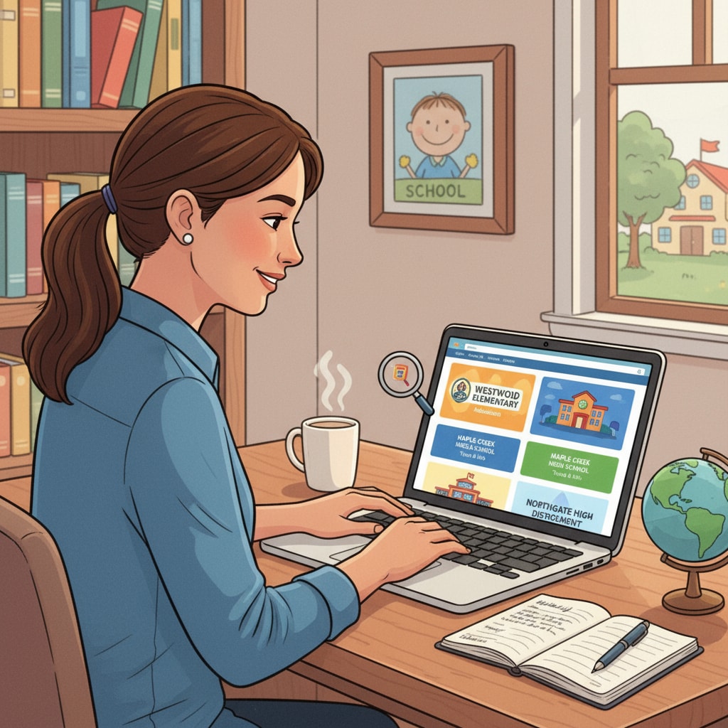 A parent is sitting at a desk, looking at a laptop with various public school websites open, researching different schools to potentially visit for their child's education. A parent researching public schools for education choice