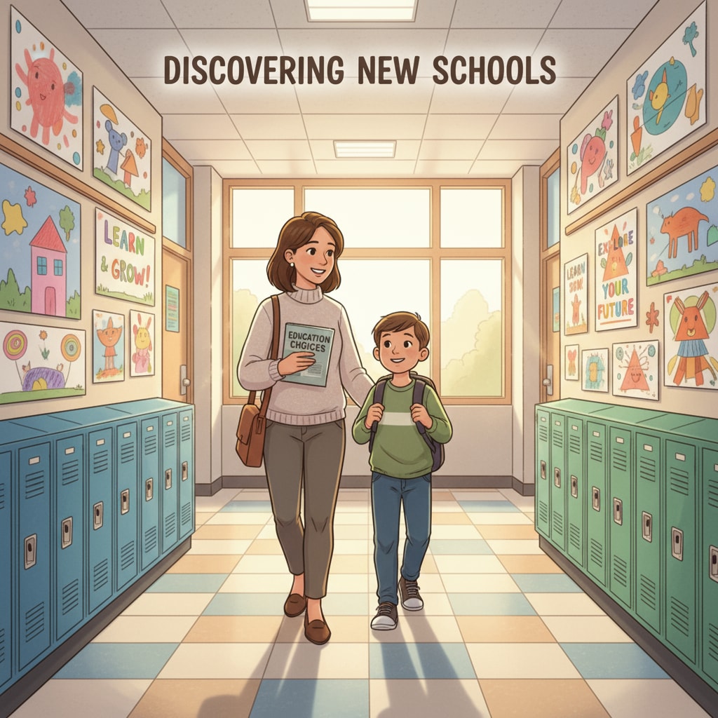 A parent and a child are walking side by side down a hallway in a public school. The walls are decorated with students' artwork, and there are lockers on either side. They are looking around, observing the school environment during a school visit for education choice. A parent and child exploring a public school during a visit for education choice