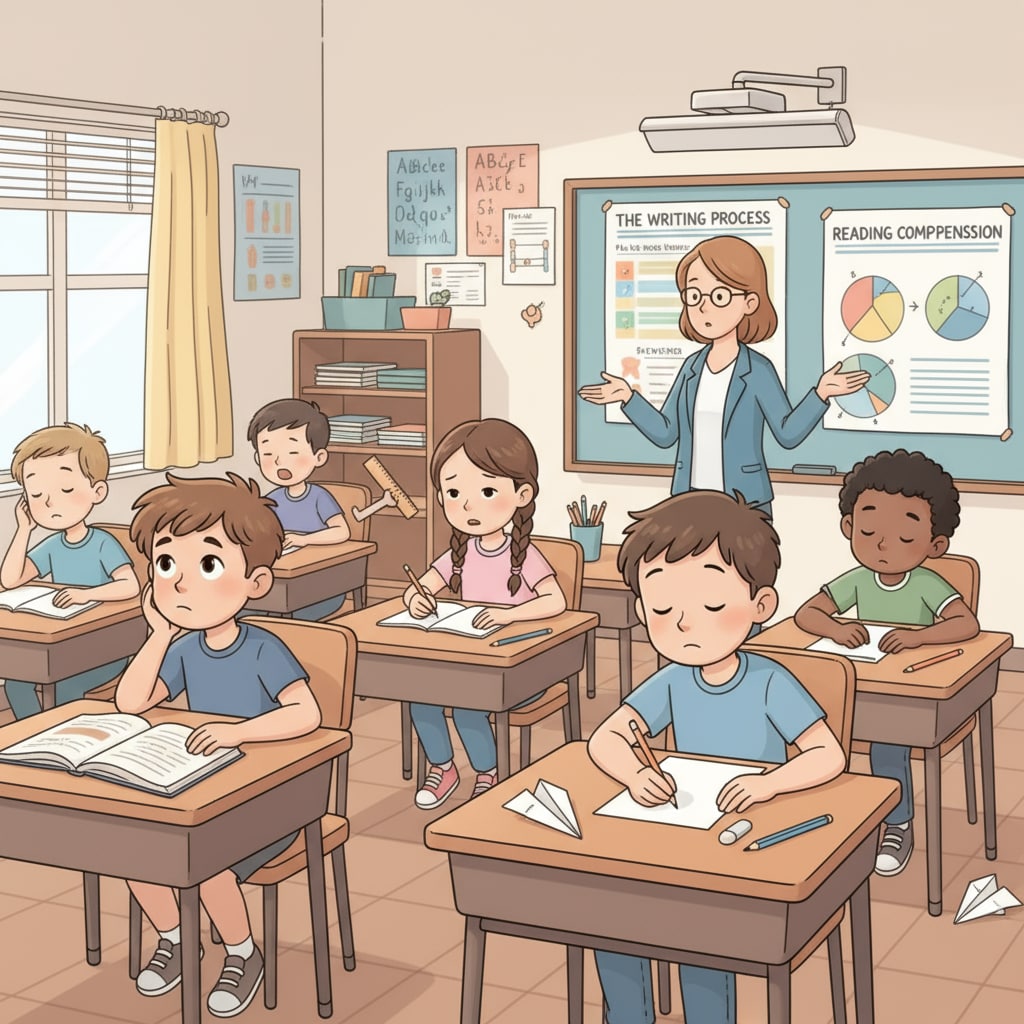 A classroom scene where students seem disengaged from reading and writing tasks. Younger generation showing disinterest in literacy activities in a classroom, affecting democracy.