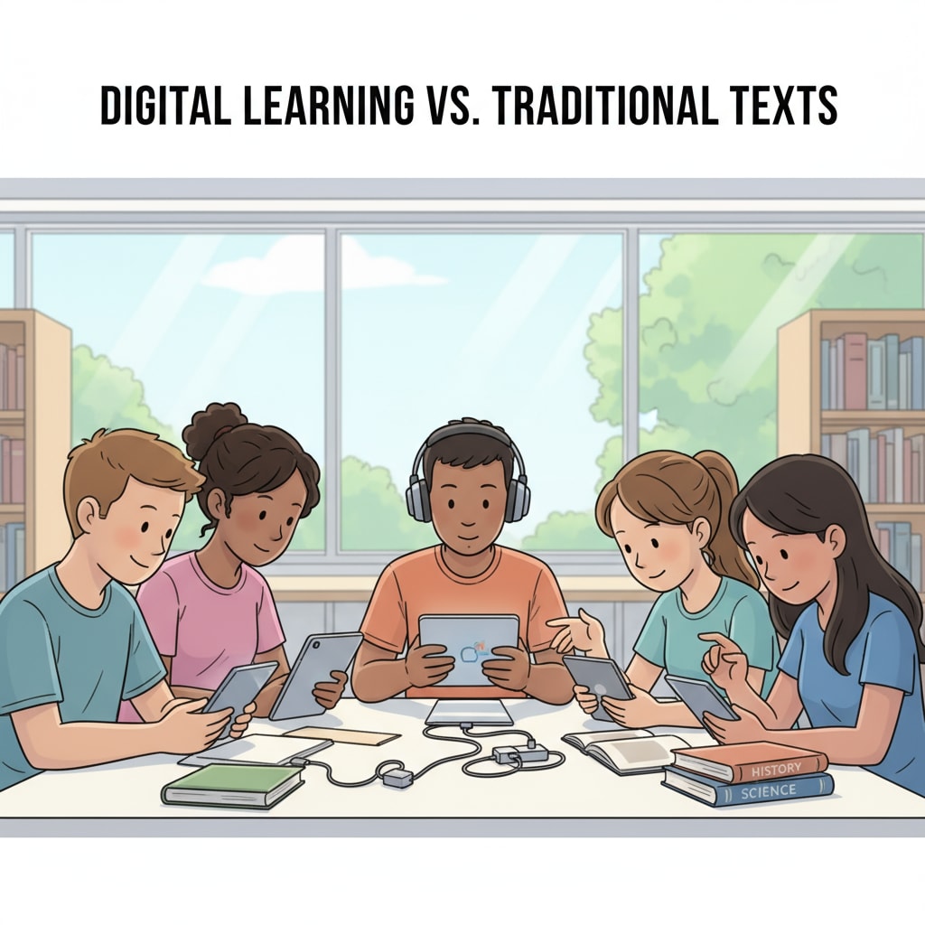 A group of students glued to their digital devices instead of reading books. Younger generation being distracted by digital devices, contributing to literacy decline and impacting democracy.