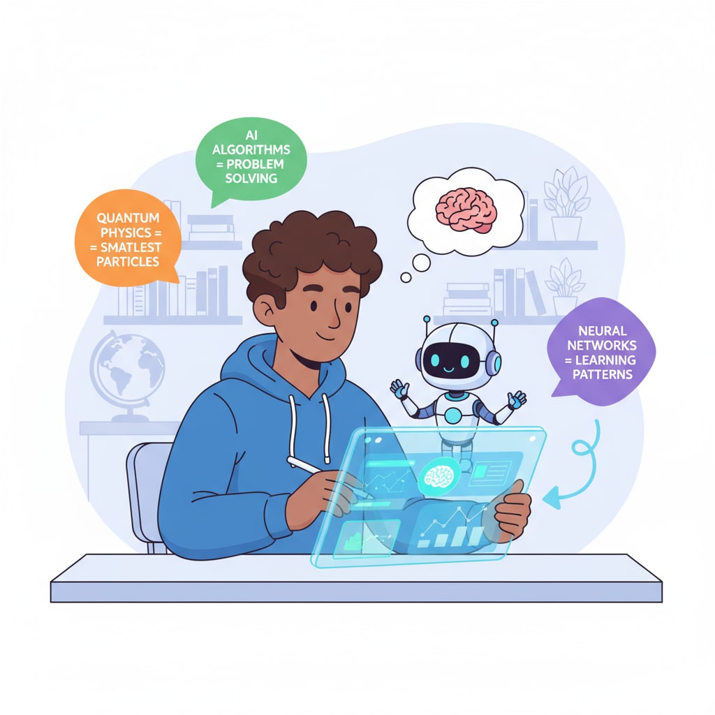 An illustration showing a student interacting with an AI-powered learning tool, with colorful educational facts floating around A student interacting with AI Brain Bites, an educational learning tool