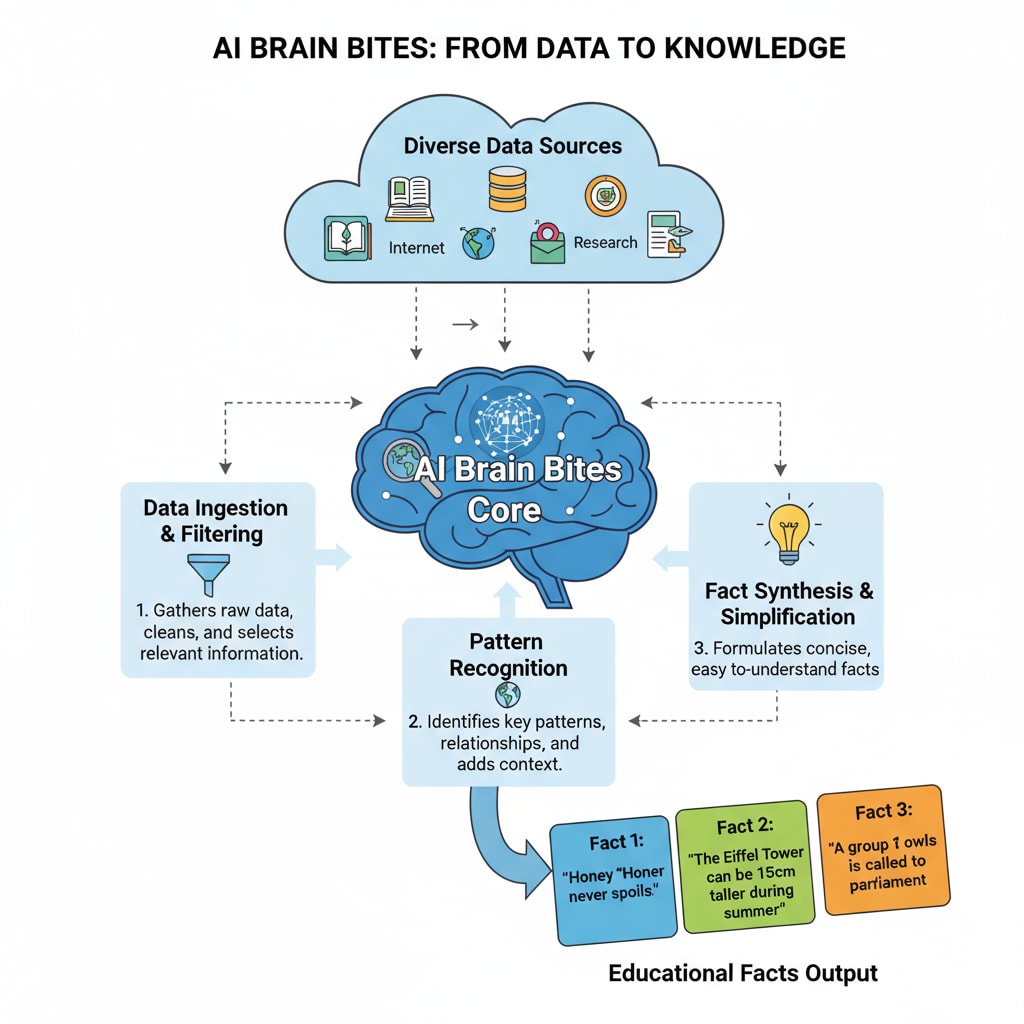 A diagram depicting the process of how AI Brain Bites generates educational facts from data The process of AI Brain Bites generating educational facts