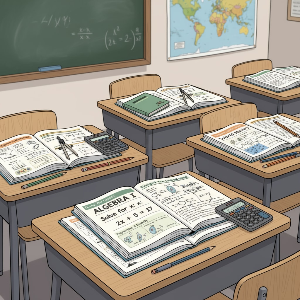 Students are studying high school basic subjects and algebra with workbooks spread out on their desks. High school students reviewing basic subjects and algebra using workbooks