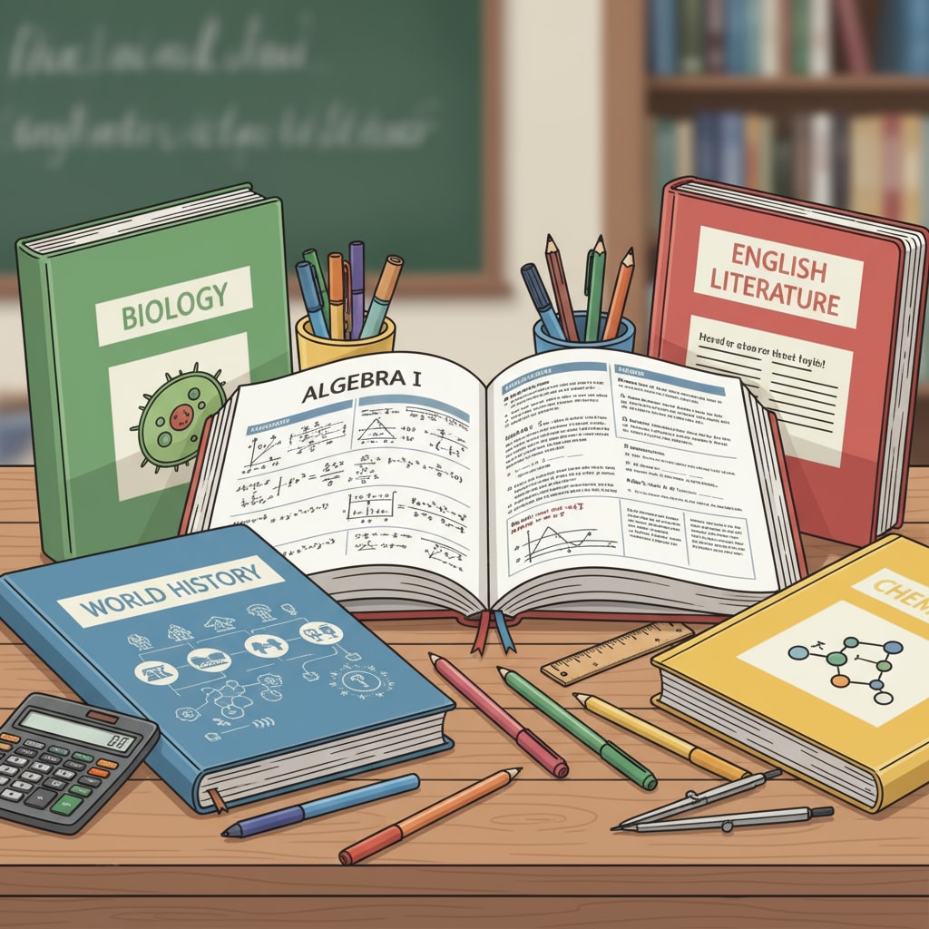 A collection of high school basic subject workbooks neatly arranged on a table. Collection of high school basic subject workbooks for review